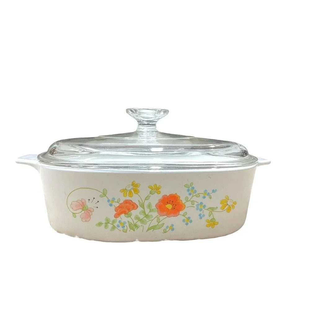 Corning Vintage Wild Flowers Casserole Dish wit Glass Pyrex Lid ‎ 10.5